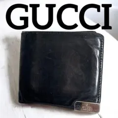 GUCCIグッチ✨折り財布 黒 レザー プレートロゴ コンパクト ヴィンテージ￼