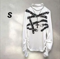 レディース　ハイネック長袖Tシャツ【S】ホワイト　白黒　光沢　裾ギャザー