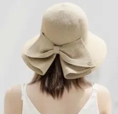 リボン付きハット 麦わら帽子 日焼け止め 夏小顔 UV つば広ベージュ