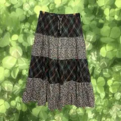 森ガール フェアリーグランジ チェック柄 花柄 切替 ティアードスカート