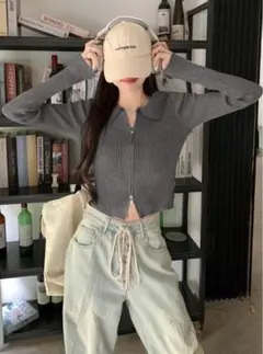 ダブルジップ襟付ニットトップス