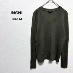 イング INGNI ニットセーター M カーキグリーン Vネック スリム 無地