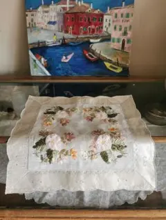 ヴィンテージドイツ リボンフラワーワーク 銀糸刺繍 スカラップオーガンジークロス