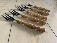 木製ハンドル ステンレスフォーク 5本セット カトラリー カフェ風　昭和レトロ