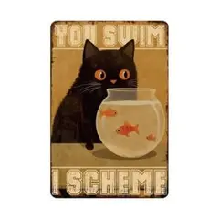 新品 猫 ブリキ看板 黒猫 金魚 レトロ ヴィンテージ風 インテリア雑貨