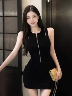 フロントジップ タイトミニワンピース ブラック