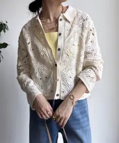 【新品】DouDou ドゥドゥ 今季 レース柄襟付きニットシャツカーディガン