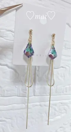 No.1235 大人可愛いオーロラガラス　雫ロングチェーンゴールド　ハンドメイド