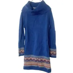 ローラアシュレイウールタートルネックニットワンピース　ブルーノルディック柄M