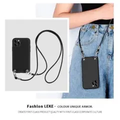 iPhoneケース　iPhone13pro他　ショルダー　紐付き　ブラック　黒