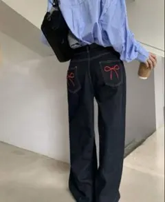 shein 48140895 バックポケット リボン　ワイドデニムパンツ　ブルーのサムネイル