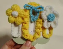 かぎ針編み 黄色いお花 ハンドメイド 編み物 ヘアピン 3個セット