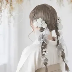 髪飾り アネモネ 白 ／成人式 卒業式 ウェディング ツインテール リボン③