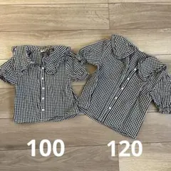 【姉妹お揃い】フリル付きギンガムチェック半袖シャツ 100cm&120㎝セット