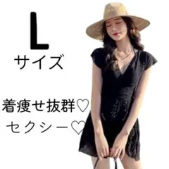水着 レディース ワンピース シースルー 体系カバー　着痩せ　ブラック　Ｌサイズ