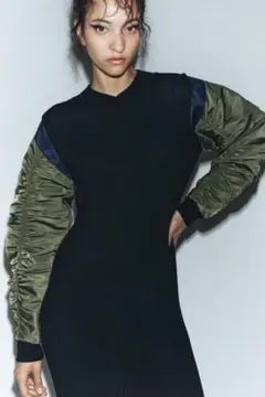 美品✨】ZARA コントラストナイロン　ミディワンピース M