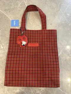 ファミリア familiar トートバッグ 赤チェック りんごチャーム付き 大