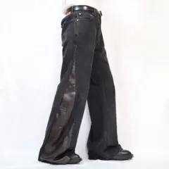 【リメイク】再構築 ブラックデニム　ブラウンレザー　ルーズフレア　バギー　カーブ