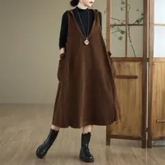 V字襟 無地 フード付き コーデュロィ カジュアル ジャンパースカート ロング