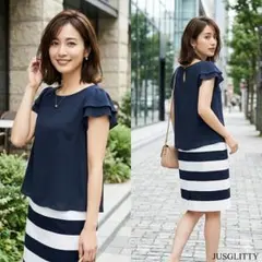 ★美品★JUSGLITTY【2】ドッキングワンピース 紺 フリル袖×ボーダー M