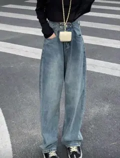 ゆったりデニムジーンズ ハイウエスト ワイド