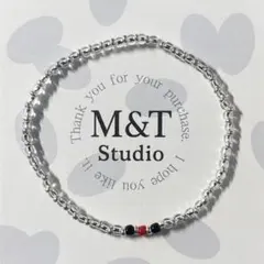 【No.095】 ハンドメイド ビーズブレスレット シルバー レッド 約18cm