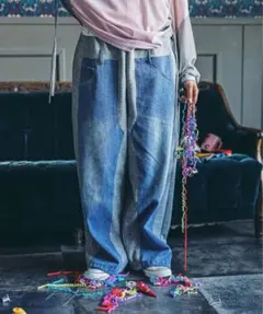 デニムパッチワークパンツ　グレー