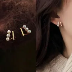 3連パール ゴールドバーピアス 上品 華奢 フォーマル ES015