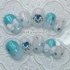 ネイルチップオーダー☆量産型地雷清楚系韓国ワンホンウェディング水色グラデーション