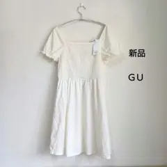 【新品】GU スクエアネックワンピース 半袖 オフホワイト　 L　パフスリーブのサムネイル