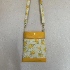 【ハンドメイド】スマホポーチ・スマホポシェット　サコッシュミモザ柄　黄色　青い鳥