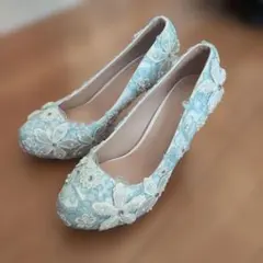 水色 レース 刺繍 ハイヒールパンプス 結婚式 パーティー ドレス