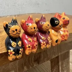バリ猫5匹組B 猫の木彫り人形 バリ雑貨 バリ島 アジアン雑貨 バリネコ セットのサムネイル