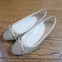 グリッターゴールド リボン付きバレエシューズ 39(24.5㎝相当)