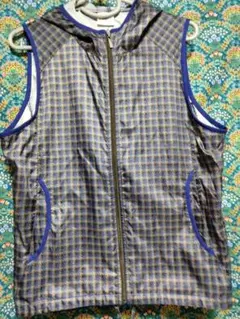 asics フード付きチェック柄 ベストパーカー