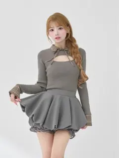 Darich チェックカフスリブニットトップス グレー