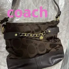 コーチ ショルダーバッグ 肩掛け レザー キャンバス シグネチャー 茶色