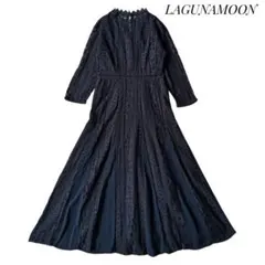 【ラグナムーン】美品 LADY mix レースフレアーワンピース S ネイビー