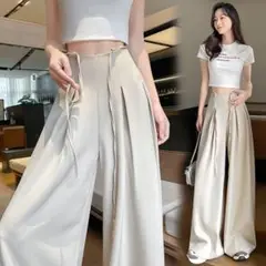 無地 レディース スラックス ハイウエスト 着痩せ効果 ワイドパンツ オシャレ