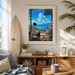 夏色の海と猫　青空と入道雲のノスタルジック風景 　おしゃれなフレーム付きポスター
