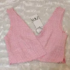 新品タグ付き春ツイードZARA ピンク Vネック ビスチェ Mサイズ