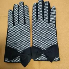 @8)ハウンドトゥースパターン リボン付き手袋