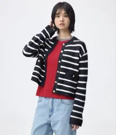 GU◎ツイーディーニットボーダーカーディガン　ネイビー　M