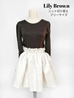リリーブラウン　フリーサイズ　ニット切替ワンピ　ポケット２つ　フロッキー花柄