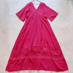 美品 miciミチ 刺繍 ロゴリネンワンピース フレア リボン ローズバット