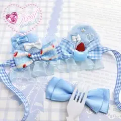 ぬい服　ハンドメイド　10cm　猫耳　猫　いちご ヘッドドレス 水色 パフェ