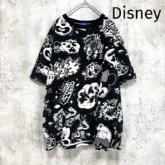【Disney Resort】半袖キャラクターTシャツ L 黒白 総柄 ミッキー