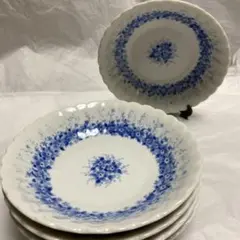 新品未使用　青と白の花柄 波型エッジプレート 5枚セット 昭和レトロ