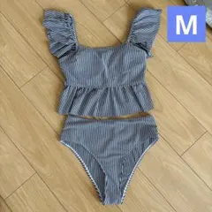 レディース　ストライプ　ビキニ　水着　Mサイズ　ゆったり　ネイビー　フリル