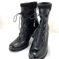 ダイアナ 本革 レースアップ アンクルブーツ（ウールカフ付き） ブラック